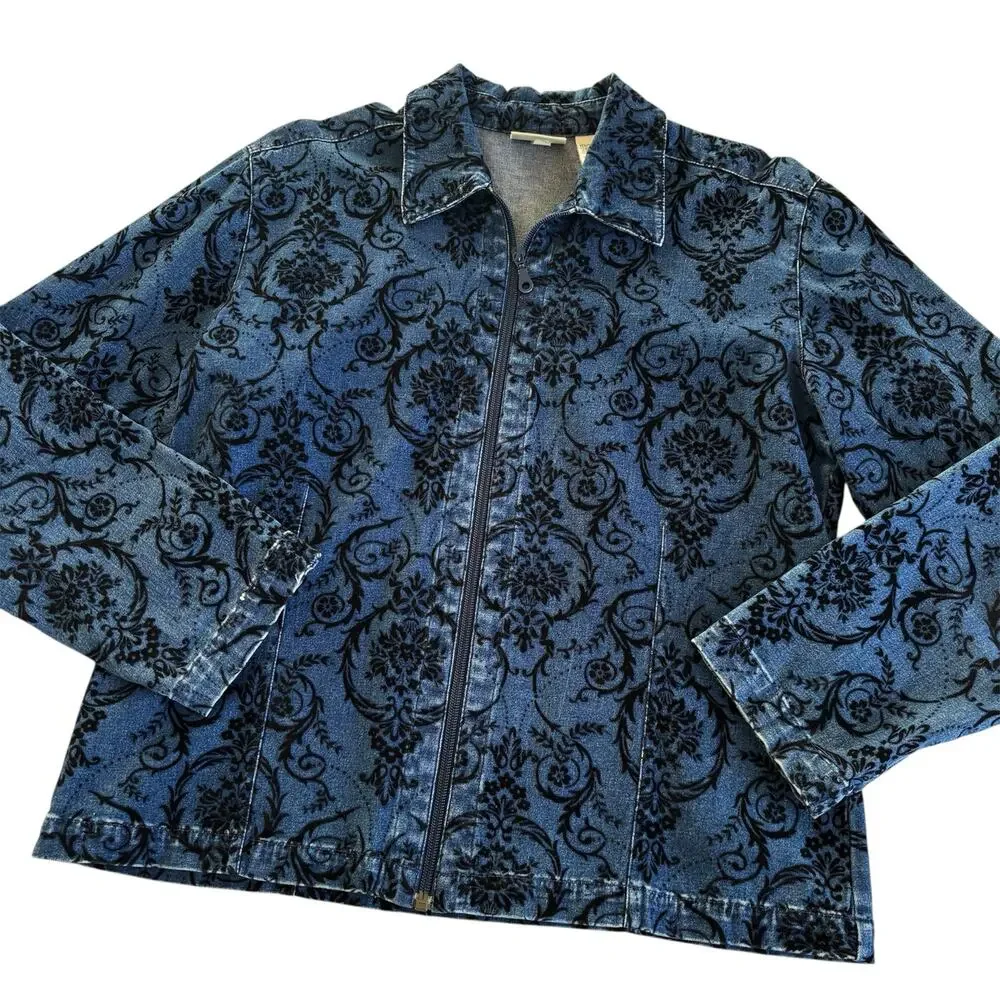 Vintage Chico’s Design Blue Denim Jacket Black Velvet Floral Damask Pattern Sz 2